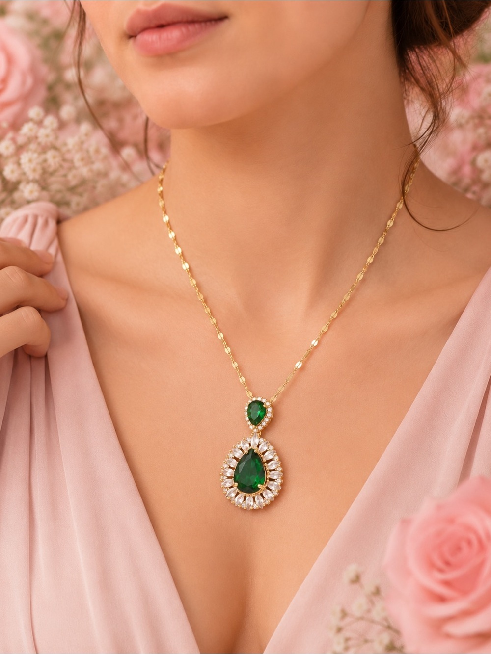 Elegant Gold Necklace with Emerald Green Teardrop Pendant - Women Jewelry